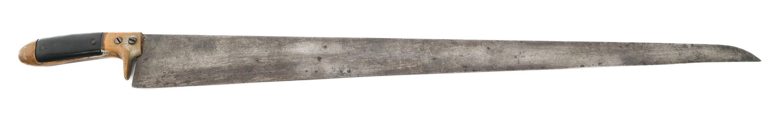 JUDSON CUTLERY CO. MACHETE: JUDSON CUTLERY CO. MACHETE Judson Cutlery Co., New York Civilian Machete. Single edged blade with maker mark stamped near the guard. Brass hilt with black composite grips. No sheath or scabbard. Blade