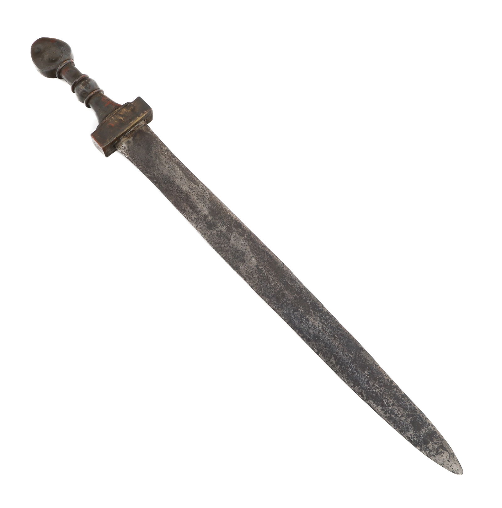 BRASS HANDLED SHORT SWORD: BRASS HANDLED SHORT SWORD Brass Handled Short Sword. Double edged, straight blade. No visible maker marks or stamps. Single piece brass handle. No sheath or scabbard. Blade Length: 18 1/4" Total Lengt