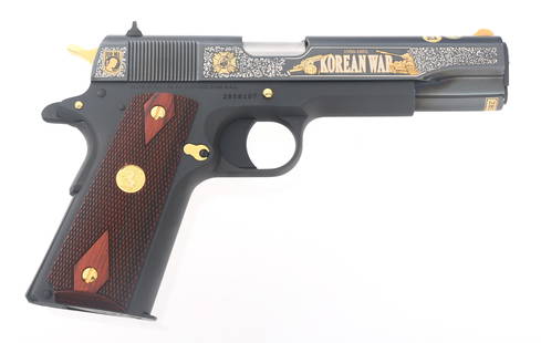 COLT KOREAN WAR TRIBUTE 1911A1 45 ACP CAL PISTOL: COLT KOREAN WAR TRIBUTE 1911A1 45 ACP CAL PISTOL America Remembers V.F.W. Korean War Tribute Colt 1911A1 .45 ACP caliber pistol. 24-karat gold and nickel engraved slide. Number 285 of 300. Blued