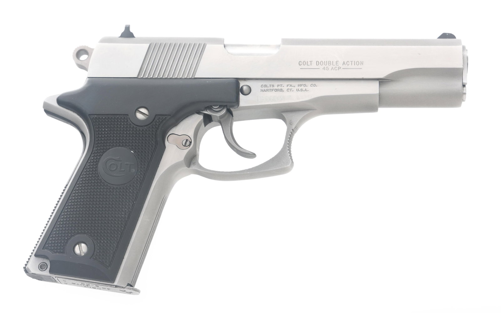 COLT MODEL DOUBLE EAGLE FIRST ED .45 CAL PISTOL: COLT MODEL DOUBLE EAGLE FIRST ED .45 CAL PISTOL 1989 Colt Model Double Eagle First Edition .45 ACP pistol. Satin stainless finish. Three dot sights. Checkered composite grips with Colt logo. Two magaz