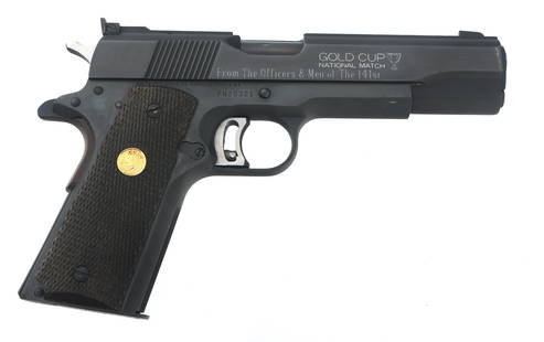 COLT GOLD CUP NATIONAL MATCH MKIV SERIES 80 PISTOL: COLT GOLD CUP NATIONAL MATCH MKIV SERIES 80 PISTOL Colt Model Gold Cup National Match Mk IV Series 80 .45 ACP caliber semi automatic pistol. Right side of slide engraved "From the Officers & Men of