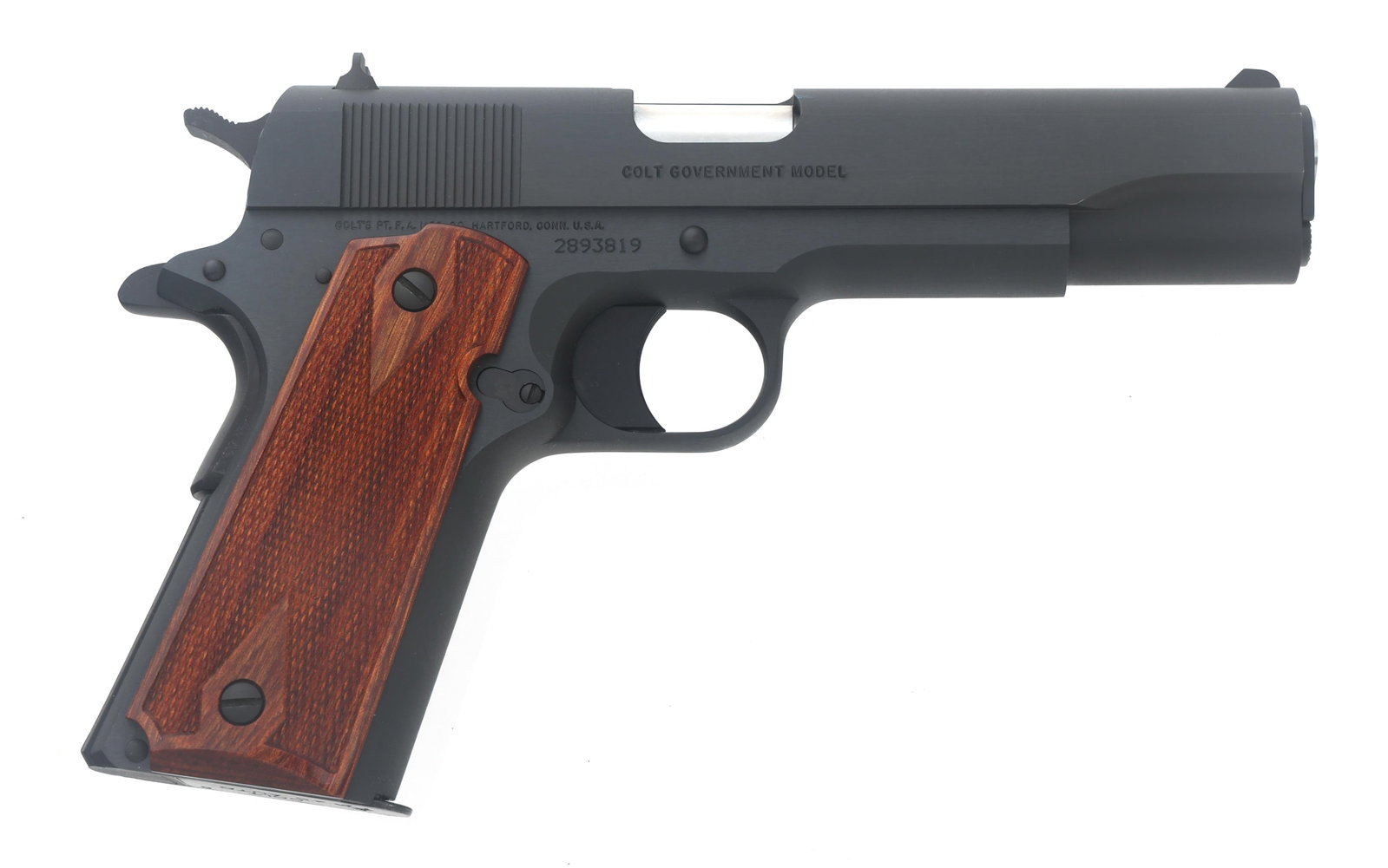 COLT GOVERNMENT MODEL .45 ACP CALIBER PISTOL: COLT GOVERNMENT MODEL .45 ACP CALIBER PISTOL Colt Government Model .45 ACP caliber semi automatic pistol. Blued finish. Checkered wood grips. Adjustable rear sight. Manual. One magazine. Plastic Colt 