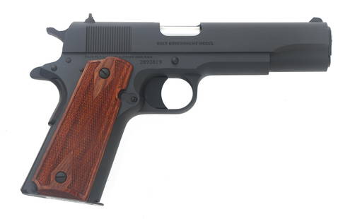 COLT GOVERNMENT MODEL .45 ACP CALIBER PISTOL: COLT GOVERNMENT MODEL .45 ACP CALIBER PISTOL Colt Government Model .45 ACP caliber semi automatic pistol. Blued finish. Checkered wood grips. Adjustable rear sight. Manual. One magazine. Plastic Colt