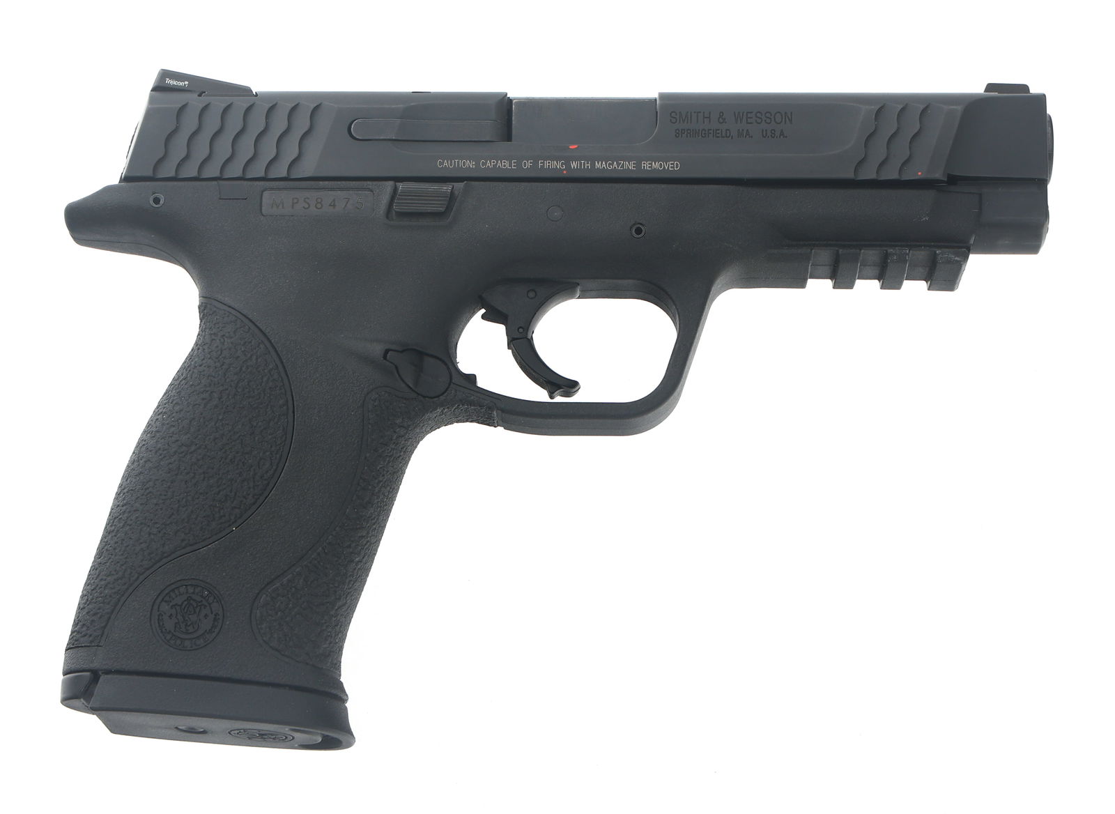 SMITH & WESSON MODEL M&P45 .45 ACP CALIBER PISTOL: SMITH & WESSON MODEL M&P45 .45 ACP CALIBER PISTOL Smith & Wesson Model M&P45 .45 ACP caliber semi automatic pistol. Matte black finish. Polymer frame with textured grips and accessory rail. Three back