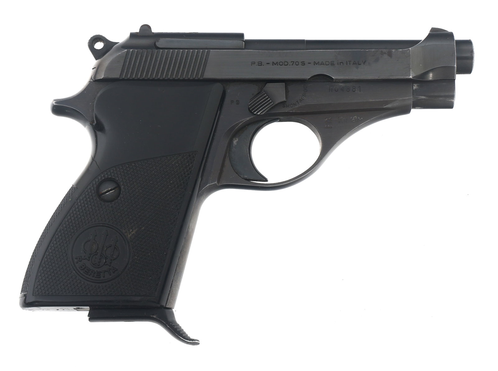 BERETTA MODEL 70S .380 ACP CALIBER PISTOL: BERETTA MODEL 70S .380 ACP CALIBER PISTOL 1980 Beretta Model 70S .380 ACP caliber semi automatic pistol. Import stamped Garcia Corp. Blued finish. Checkered composite Beretta grips. Fixed sights. One 