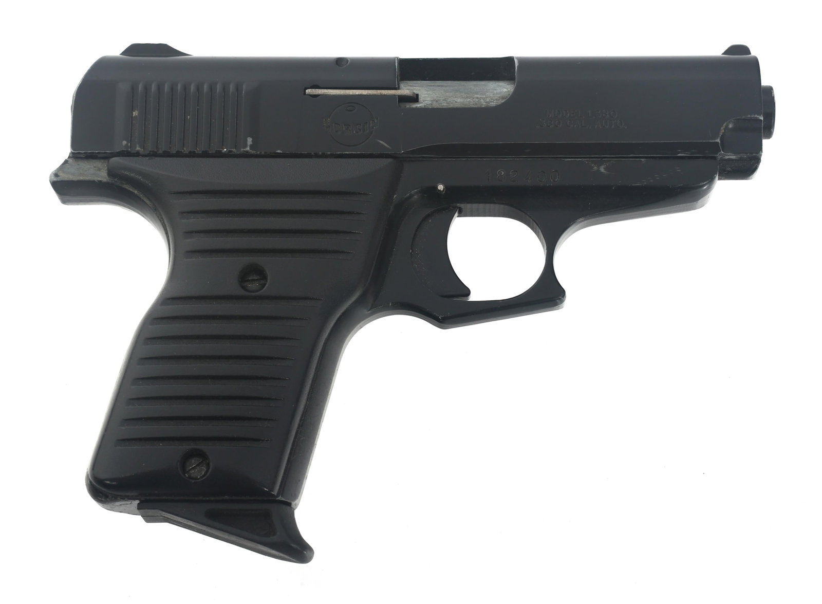 LORCIN MODEL L380 .380 ACP CALIBER PISTOL: LORCIN MODEL L380 .380 ACP CALIBER PISTOL Lorcin model L380 .380 ACP caliber semi automatic pistol. Blued finish. Front blade sight. Rear open sight. Black polymer grips. One magazine. Original Lorcin