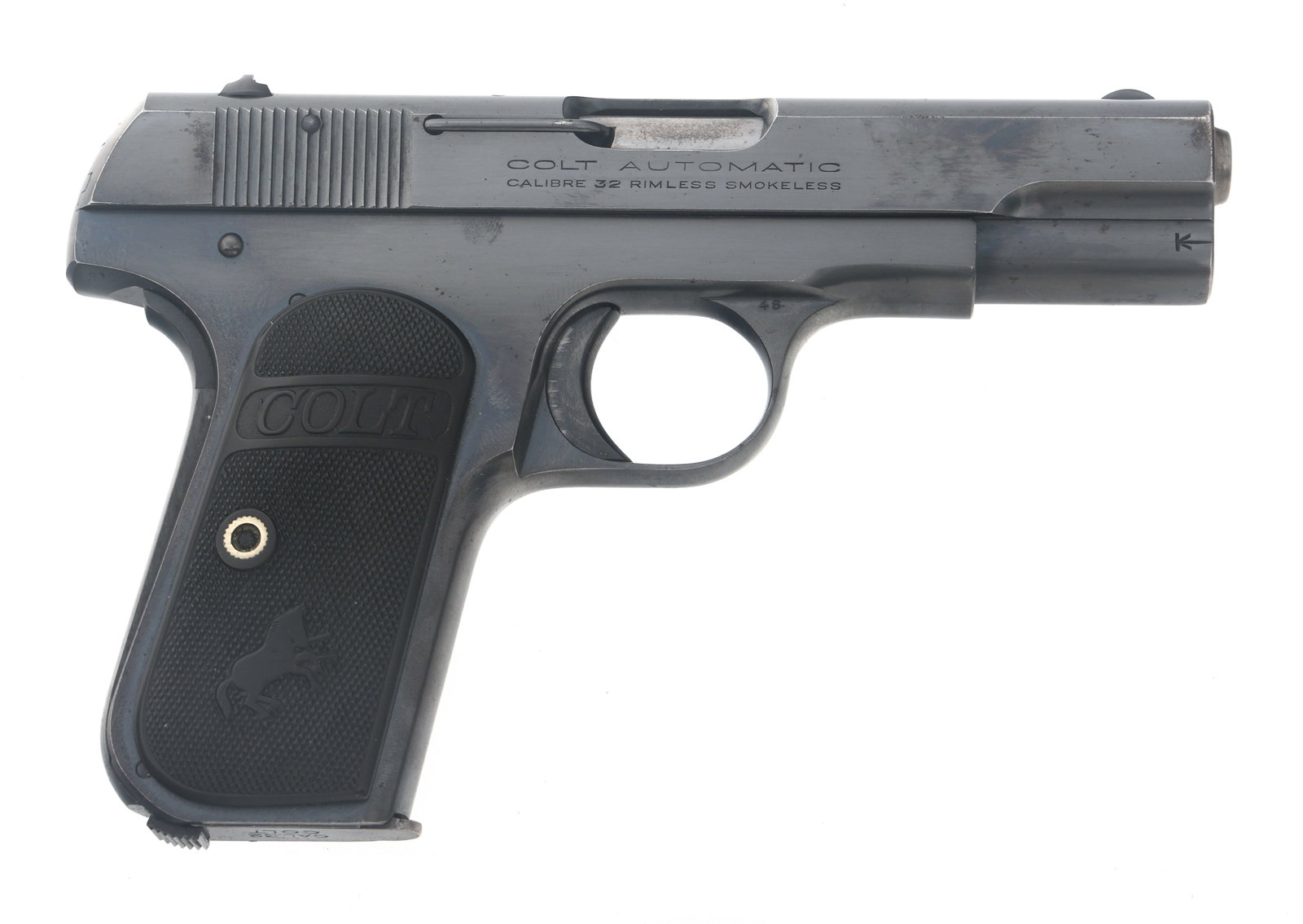 COLT MODEL 1903 POCKET HAMMERLESS .32 CAL PISTOL: COLT MODEL 1903 POCKET HAMMERLESS .32 CAL PISTOL 1923 Colt Model 1903 .32 caliber semi automatic pistol. Blued finish. Checkered Colt grips. Fixed sights. One magazine. Caliber / Gauge: 32 Barrel Leng