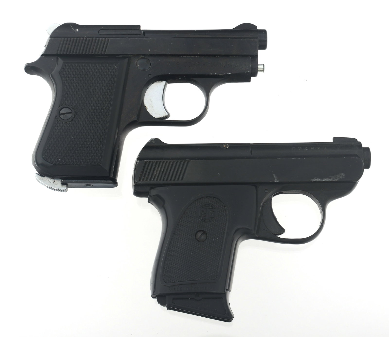 F.I.E. AND RG IND. .25 CALIBER PISTOLS: F.I.E. AND RG IND. .25 CALIBER PISTOLS F.I.E. and RG .25 ACO caliber pistols. A) F.I.E. Titan Model E27B .25 ACP caliber semi automatic pistol. Import stamped F.I.E. Ind. Blued finish. Checkered compo