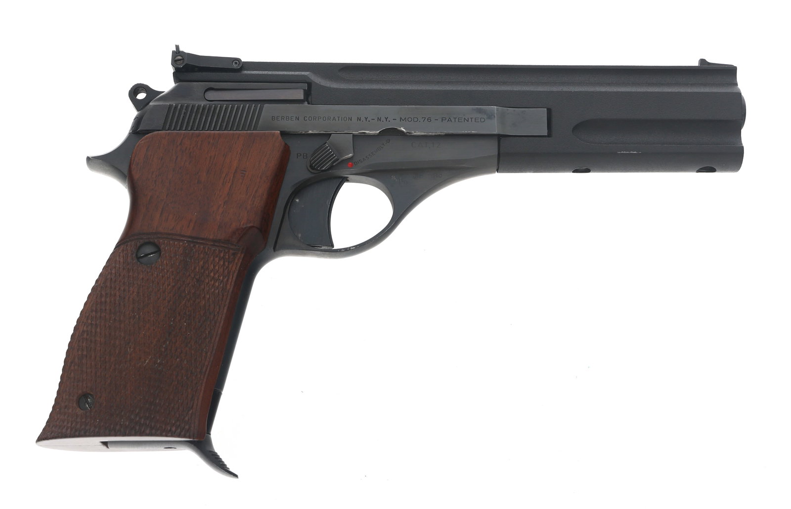 BERETTA MODEL 76 .22 LR CALIBER TARGET PISTOL: BERETTA MODEL 76 .22 LR CALIBER TARGET PISTOL Beretta Model 76 .22 LR caliber semi automatic target pistol. Matte black finish. Adjustable rear sight. Checkered wood target grips with thumb rest. One 