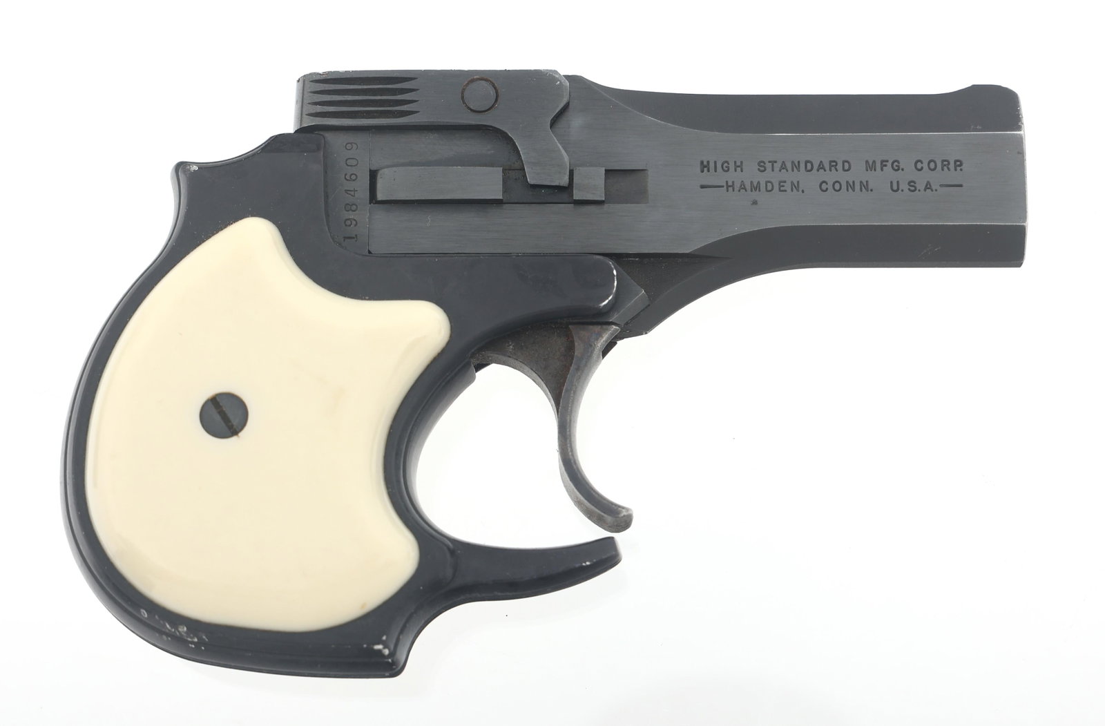HI STANDARD MODEL DM-101 .22 MAGNUM DERRINGER: HI STANDARD MODEL DM-101 .22 MAGNUM DERRINGER Hi-Standard Model DM-101 .22 Magnum caliber double barrel derringer. Blued finish. Composite grips. Brown leather Hi Standard holster. Caliber / Gauge: 22