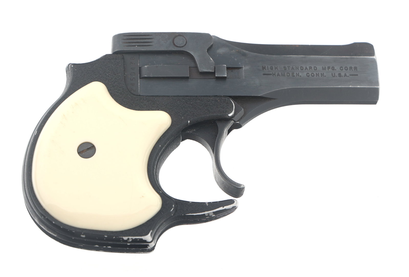 HIGH STANDARD MODEL DM-101 .22 MAGNUM DERRINGER: HIGH STANDARD MODEL DM-101 .22 MAGNUM DERRINGER High-Standard Model DM-101 .22 Magnum caliber double barrel derringer. Blued finish. Composite grips. Brown leather Hi Standard holster. Caliber / Gauge