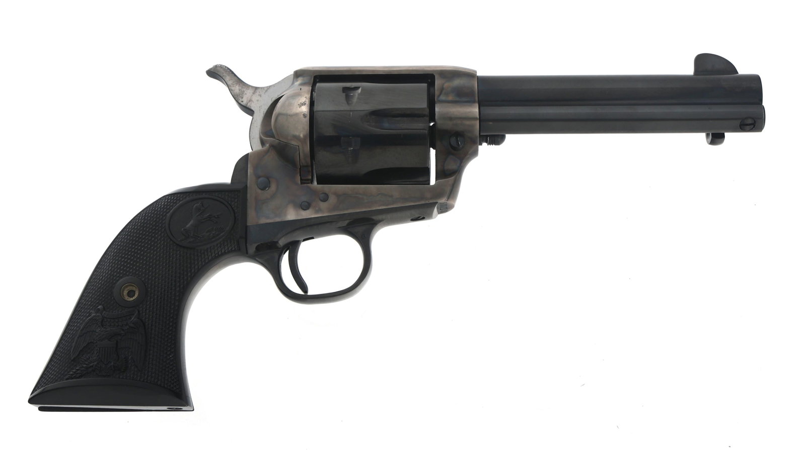 1971 COLT SINGLE ACTION ARMY .45 CALIBER REVOLVER: 1971 COLT SINGLE ACTION ARMY .45 CALIBER REVOLVER 1971 Colt Second Generation Single Action Army .45 caliber revolver. Blued finish. Case hardened frame. Checkered composite Colt grips. Caliber / Gaug
