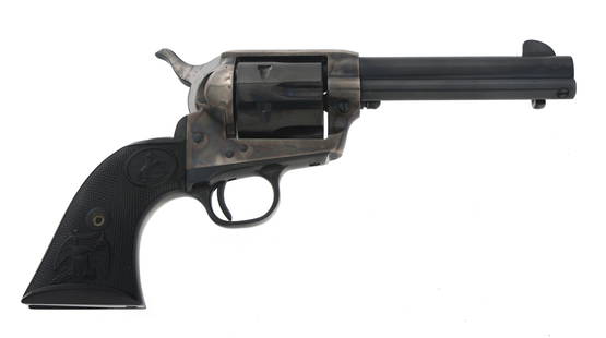1971 COLT SINGLE ACTION ARMY .45 CALIBER REVOLVER: 1971 COLT SINGLE ACTION ARMY .45 CALIBER REVOLVER 1971 Colt Second Generation Single Action Army .45 caliber revolver. Blued finish. Case hardened frame. Checkered composite Colt grips. Caliber / Gaug