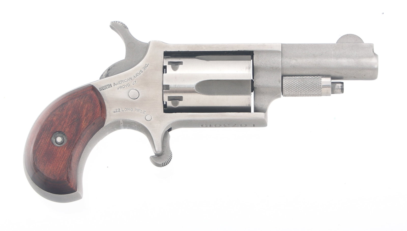 NORTH AMERICAN ARMS NAA-22LLR .22 LR CAL REVOLVER: NORTH AMERICAN ARMS NAA-22LLR .22 LR CAL REVOLVER North American Arms Model NAA-22LLR .22 LR caliber single action revolver. Stainless steel finish. Rosewood Bird?s Head grips. Manual. Five shot cylin