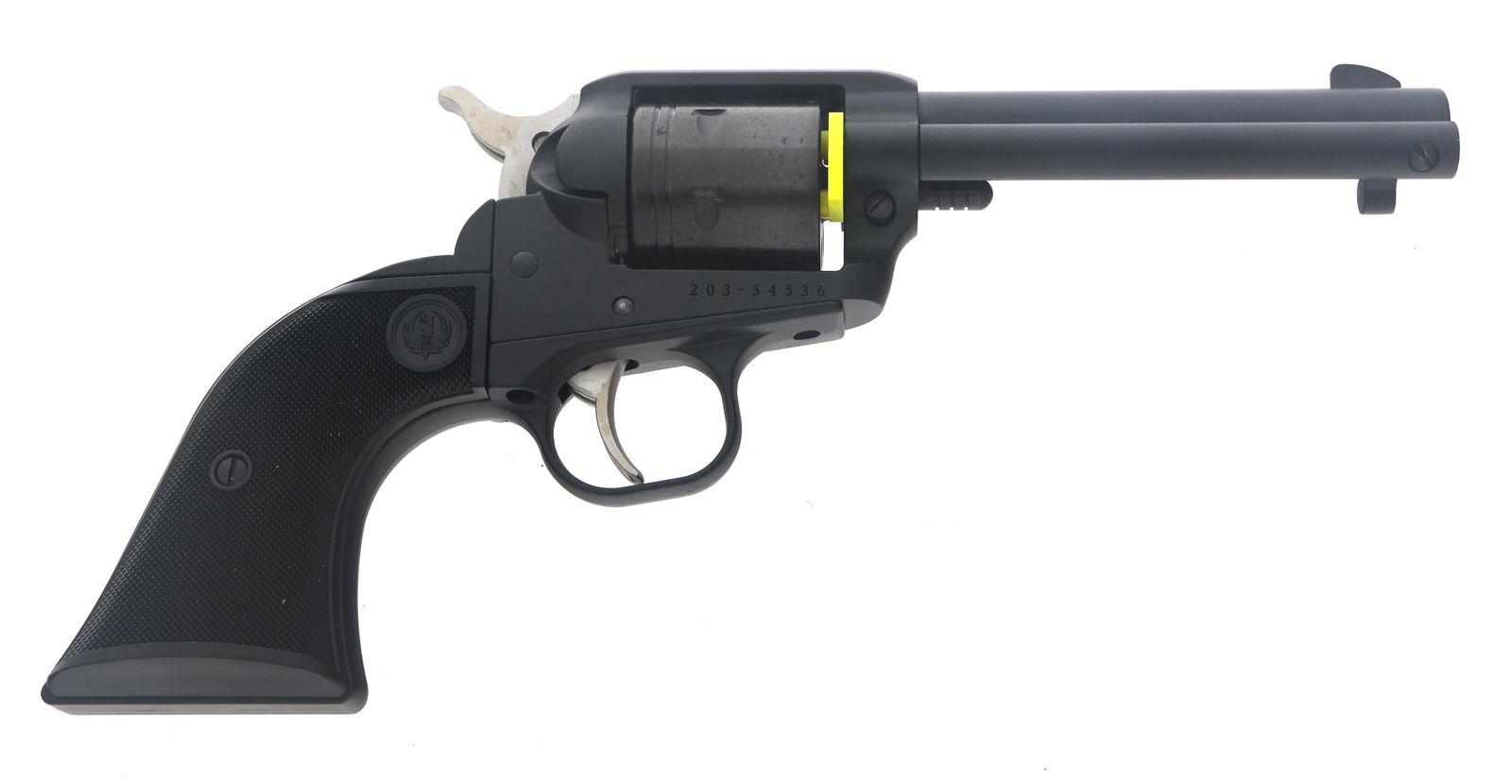 RUGER MODEL WRANGLER .22 LR CALIBER REVOLVER: RUGER MODEL WRANGLER .22 LR CALIBER REVOLVER Ruger Model Wrangler .22 LR caliber SA Revolver. Mattel black finish. Blade front sight. Square notch rear sight. Checkered composite grips. Leather holste