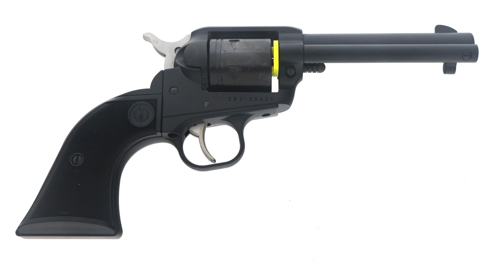 RUGER MODEL WRANGLER .22 LR CALIBER REVOLVER: RUGER MODEL WRANGLER .22 LR CALIBER REVOLVER Ruger Model Wrangler .22 LR caliber SA Revolver. Mattel black finish. Blade front sight. Square notch rear sight. Checkered composite grips. Leather holste