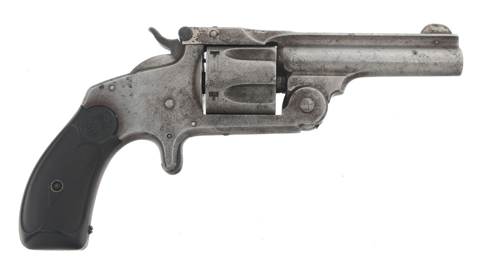 SMITH & WESSON 38 SINGLE ACTION 2nd MODEL REVOLVER: SMITH & WESSON 38 SINGLE ACTION 2nd MODEL REVOLVER Smith & Wesson 38 single action model top break .38 S&W caliber revolver. Blued finish. Checkered hard rubber S&W grips. Five shot fluted cylinder. C