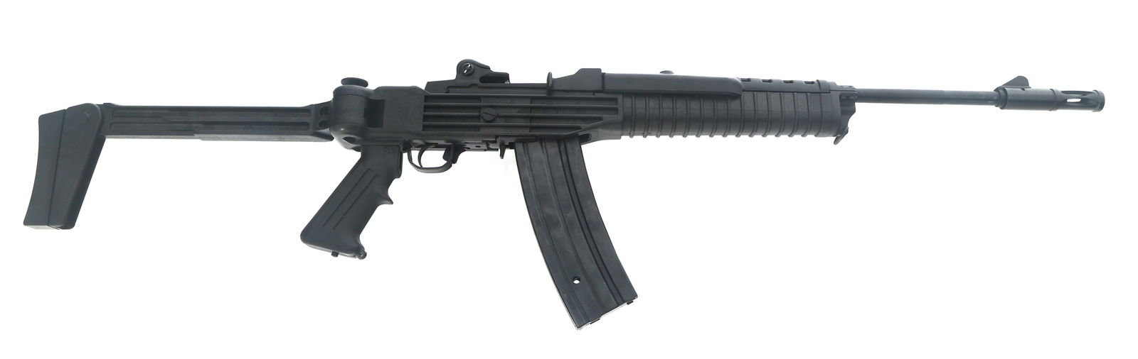 RUGER MODEL MINI-14 .223 CALIBER SEMI AUTO RIFLE: RUGER MODEL MINI-14 .223 CALIBER SEMI AUTO RIFLE Ruger Model Mini-14 .223 Rem caliber semi automatic rifle. Blued finish. Fixed blade front sight. Adjustable rear sight. Ram-Line side folding composit