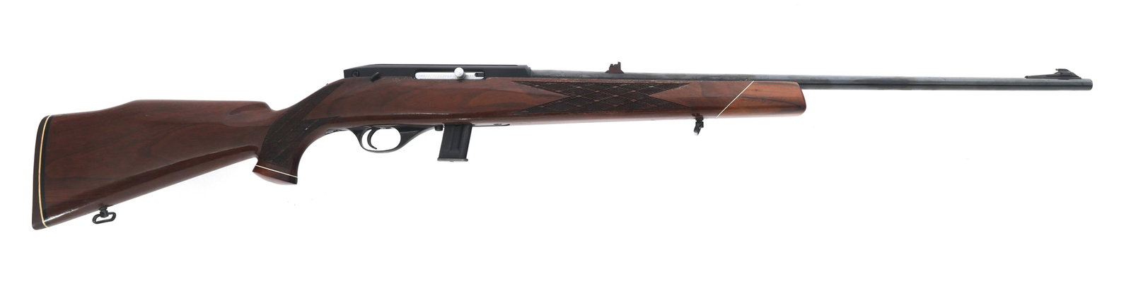 WEATHERBY MODEL MARK XXII .22 LR CALIBER RIFLE: WEATHERBY MODEL MARK XXII .22 LR CALIBER RIFLE Weatherby Model Mark XXII .22 LR caliber semi automatic rifle. Import stamped South Gate. Blued finish. Checkered Monte Carlo wood stock with raised chee