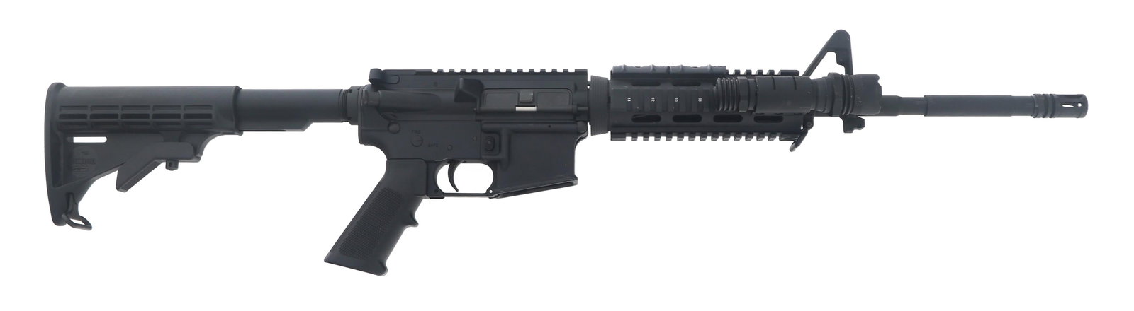 BUSHMASTER MODEL XM15-E25 5.56mm CALIBER RIFLE: BUSHMASTER MODEL XM15-E25 5.56mm CALIBER RIFLE Bushmaster Model XM15-E25 5.56mm caliber semi automatic rifle. Matte black finish. Receiver stamped "B.F.I. Windham, ME. U.S.A." UTG quad rail hand guard