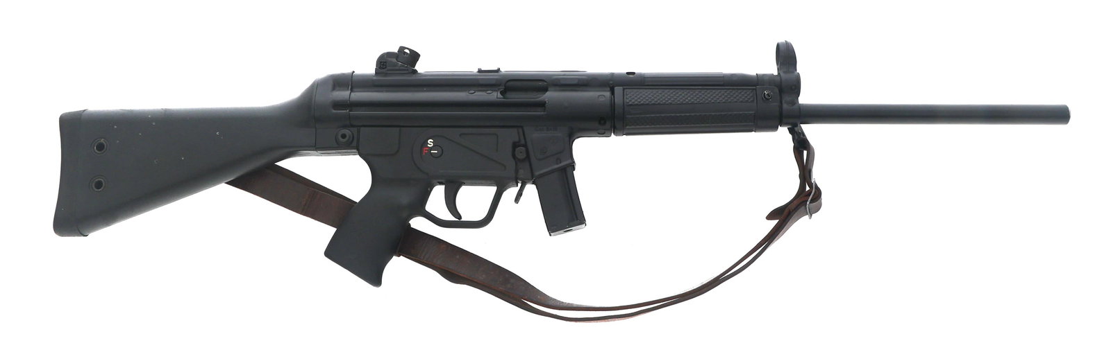MKE MODEL AT94A2 9mm CALIBER SEMI AUTO RIFLE: MKE MODEL AT94A2 9mm CALIBER SEMI AUTO RIFLE MKE Model AT94A2 9x19mm caliber semi automatic rifle. Matte black finish. Composite stocks. Hooded front sight. Adjustable rear sight. Leather sling. One m
