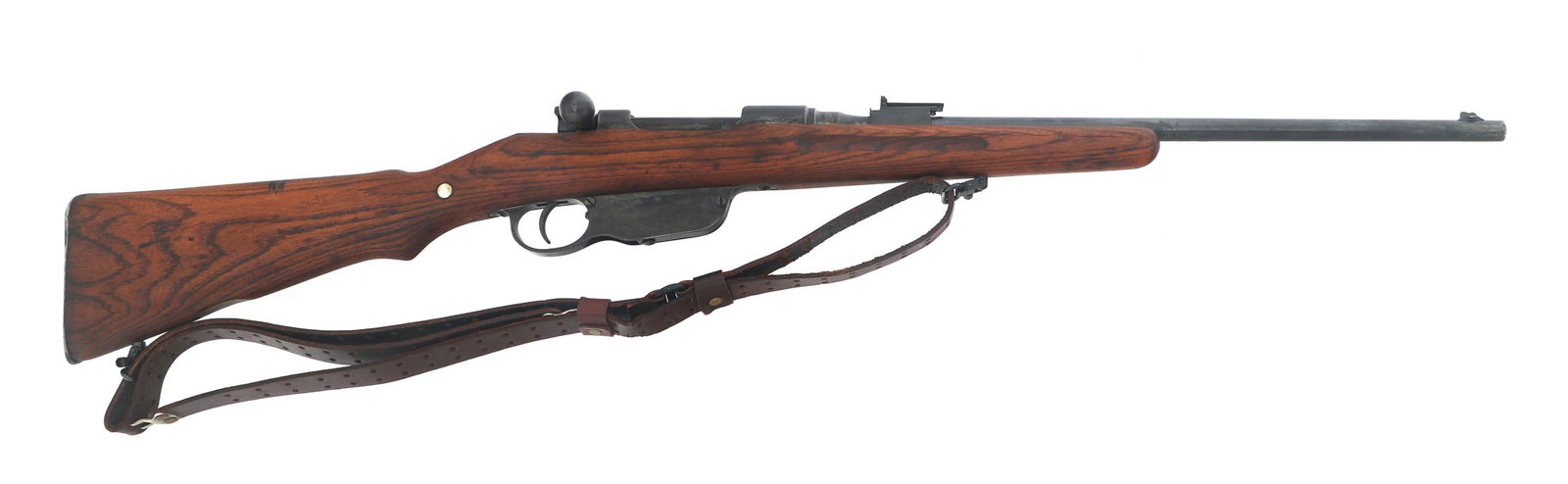SPORTERIZED STEYR MODEL 95 8mm CALIBER RIFLE: SPORTERIZED STEYR MODEL 95 8mm CALIBER RIFLE Sporterized Steyr Model 95 8x50mm caliber bolt action rifle. No import stamp. Blued finish. Adjustable rear sight. Leather sling. Wood stock. Caliber / Gau