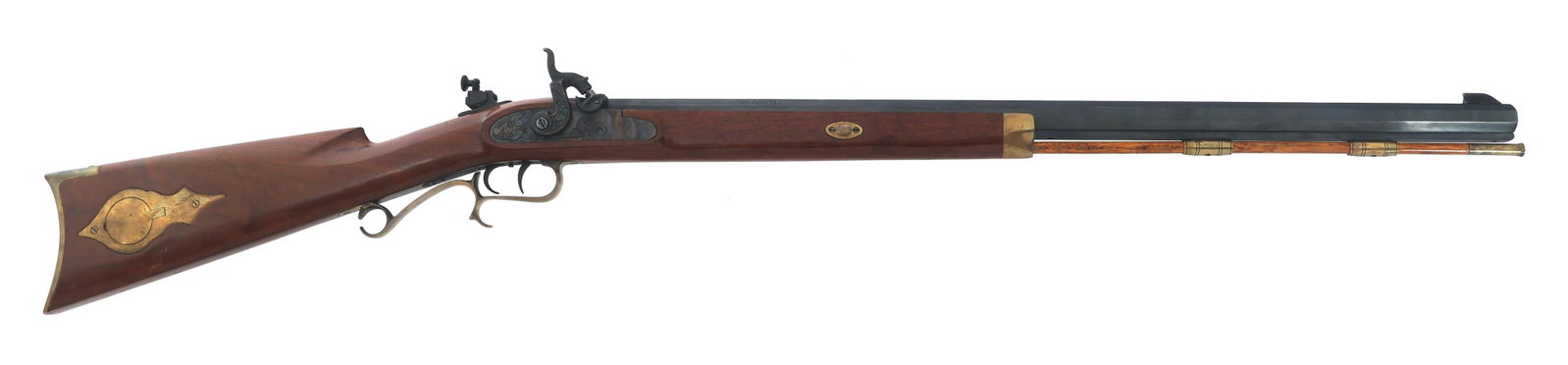 THOMPSON CENTER HAWKEN .50 CAL PERCUSSION RIFLE: THOMPSON CENTER HAWKEN .50 CAL PERCUSSION RIFLE Thompson Center Arms Hawken .50 caliber percussion rifle. Blued finish. Brass trigger guard and butt plate. Blade front sight. Adjustable rear sight. En