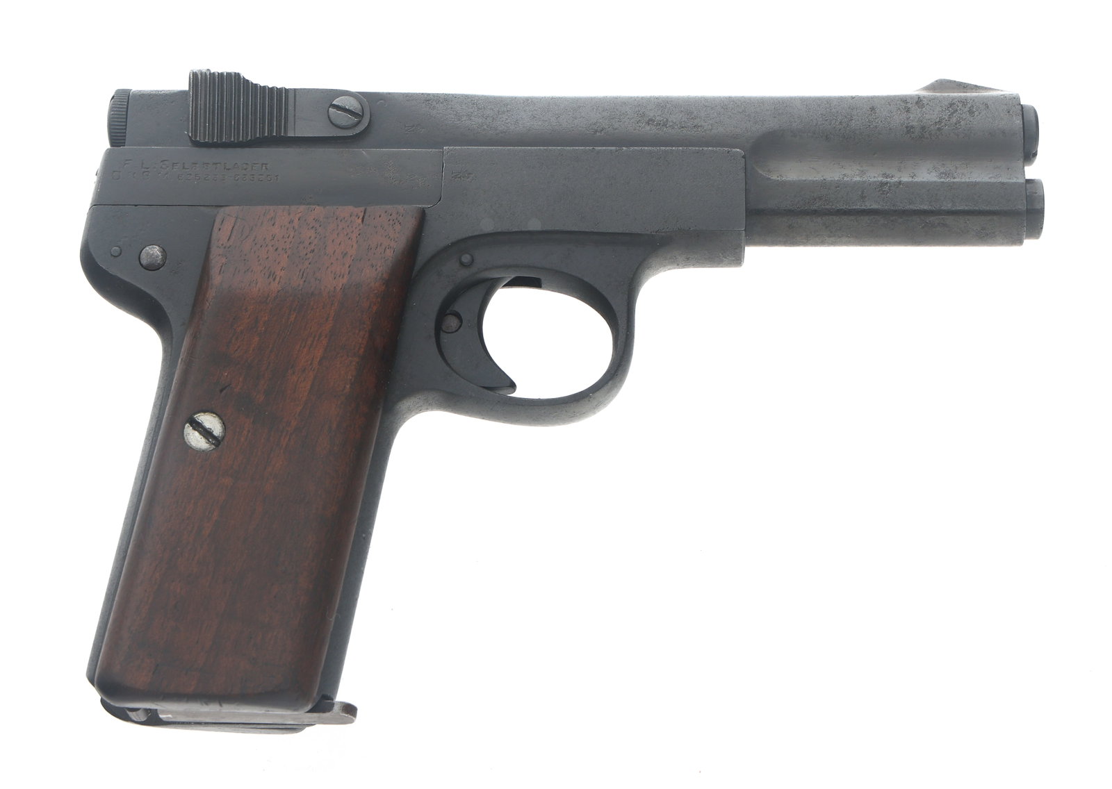 WWI GERMAN F.L. LANGENHAN 7.65mm CALIBER PISTOL: WWI GERMAN F.L. LANGENHAN 7.65mm CALIBER PISTOL WWI German F.L. Langenhan Model Selbstlader 7.65mm caliber semi automatic pistol. No import stamp. Slide is stamped F.L. Selbstlader D.R.G.M. 625233-633