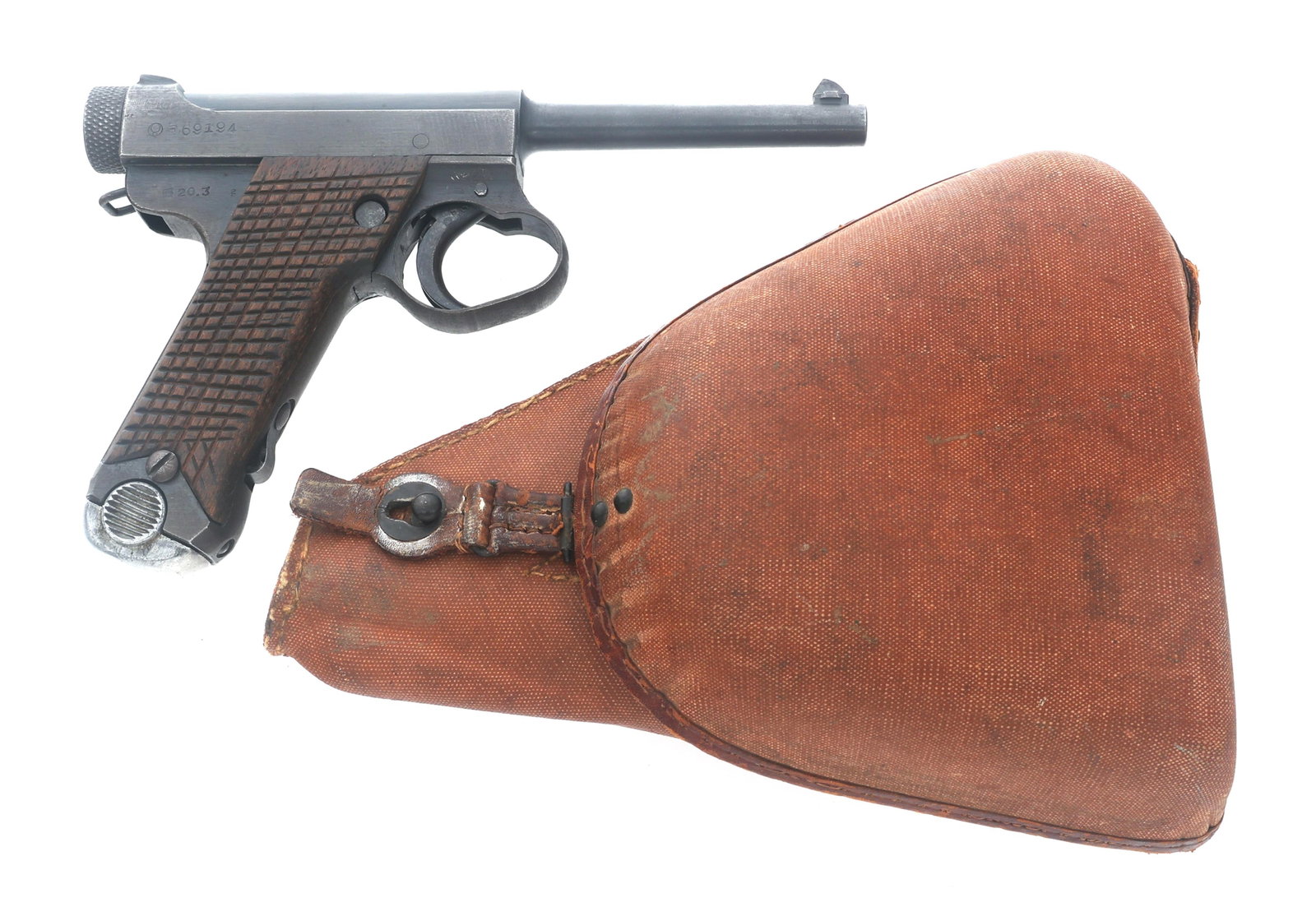 WWII JAPANESE NAGOYA TYPE 14 8x22mm NAMBU PISTOL: WWII JAPANESE NAGOYA TYPE 14 8x22mm NAMBU PISTOL 1945 WWII Japanese Nagoya Type 14 8x22mm caliber semi-automatic Nambu pistol. Series two. No import stamp. Showa date 20.3 (1945, March). Blued finish.