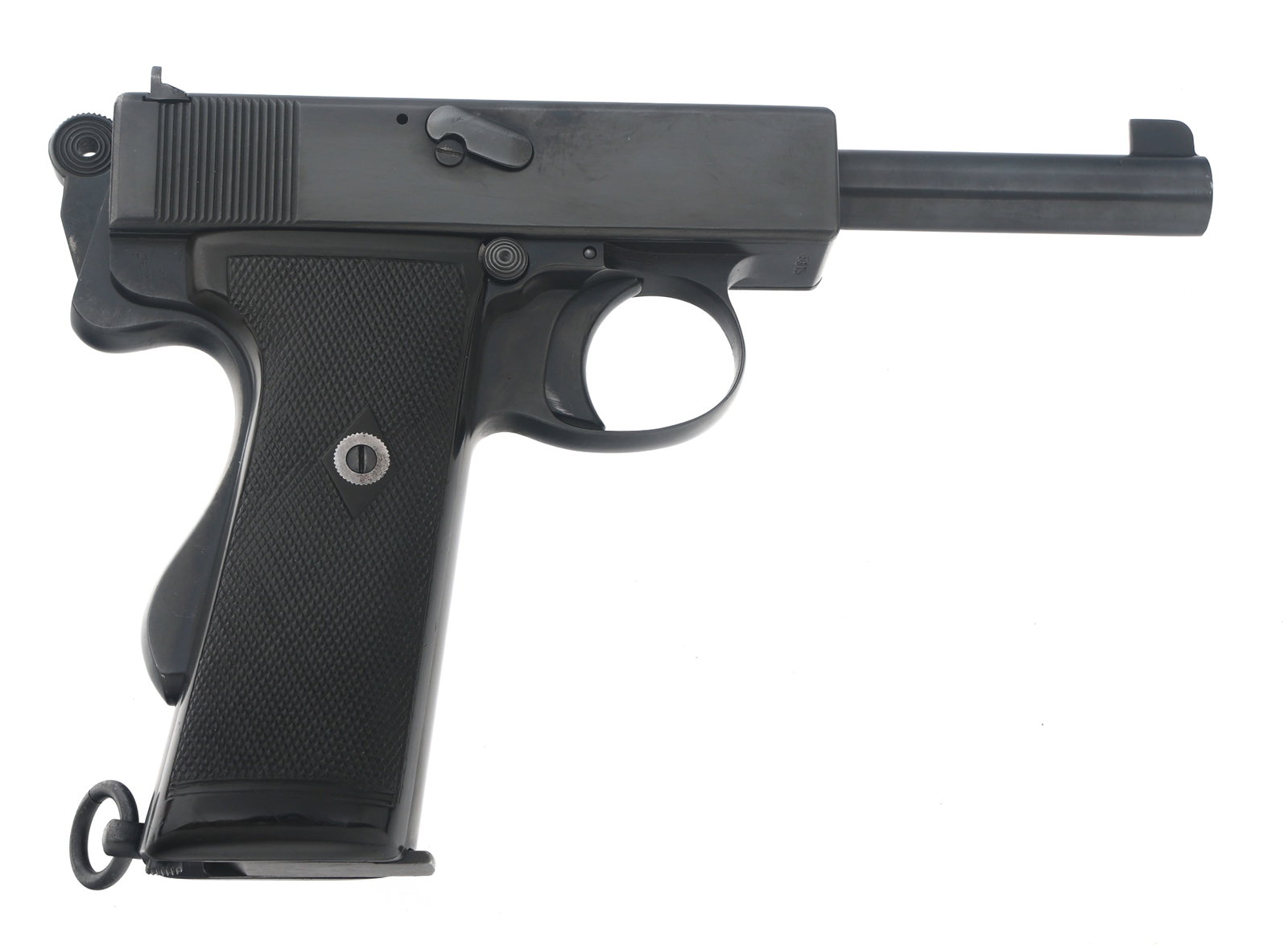 1914 BRITISH WEBLEY SELF LOADING Mk I .455 PISTOL: 1914 BRITISH WEBLEY SELF LOADING Mk I .455 PISTOL 1914 British Webley self loading Mk I .455 caliber semi automatic pistol. No import stamp. Broad arrow stamped on frame beside left grip. Webley flyin