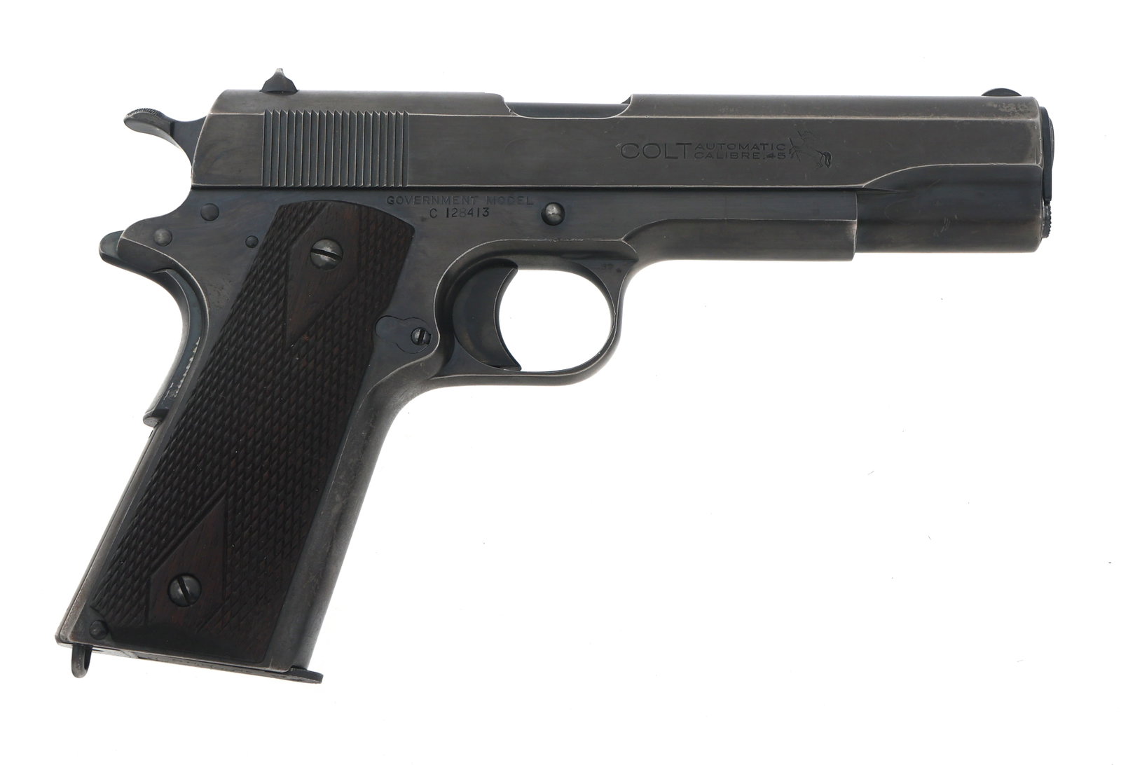 1921 COLT 1911 GOVERNMENT MODEL .45 ACP PISTOL: 1921 COLT 1911 GOVERNMENT MODEL .45 ACP PISTOL 1921 Colt 1911 Government Model .45 ACP semi-automatic pistol. Blued finish. Checkered wood grips. Fixed sight. One magazine. Caliber / Gauge: 45 ACP Bar