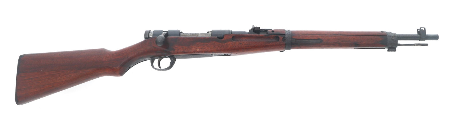 WWII JAPANESE MUKDEN TYPE 38 ARISAKA CARBINE: WWII JAPANESE MUKDEN TYPE 38 ARISAKA CARBINE WWII Japanese Mukden Arsenal Type 38 6.5x50mm Arisaka Carbine. No import stamp. Intact Mum. Knurled safety. Serial numbers match on receiver and bolt. Blue