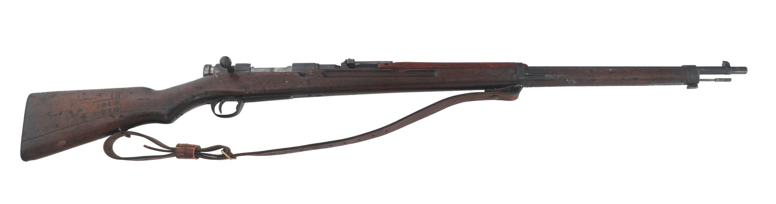 WWII JAPANESE KOISHIKAWA TYPE 38 ARISAKA RIFLE: WWII JAPANESE KOISHIKAWA TYPE 38 ARISAKA RIFLE WWII Japanese Koishikawa Type 38 6.5x50mm caliber bolt action Arisaka rifle. No import stamp. Struck through Mum. Knurled safety. Kanji symbols stamped o