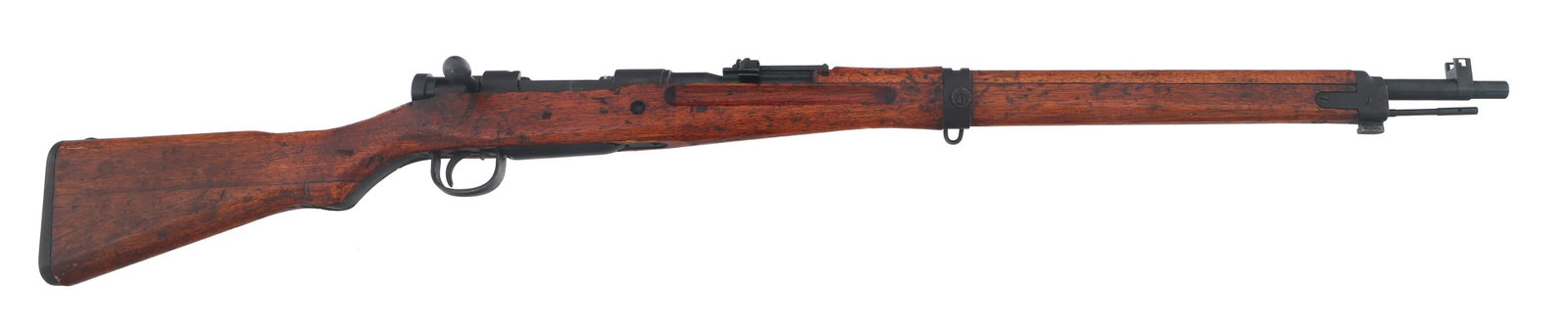 1942 JAPANESE TOYO KOGYO TYPE 99 ARISAKA RIFLE: 1942 JAPANESE TOYO KOGYO TYPE 99 ARISAKA RIFLE 1942 Japanese Series 32 Toyo Kogyo Arsenal Type 99 7.7x58mm caliber Arisaka bolt action rifle. Ground mum. No import stamp. Adjustable ladder front sight