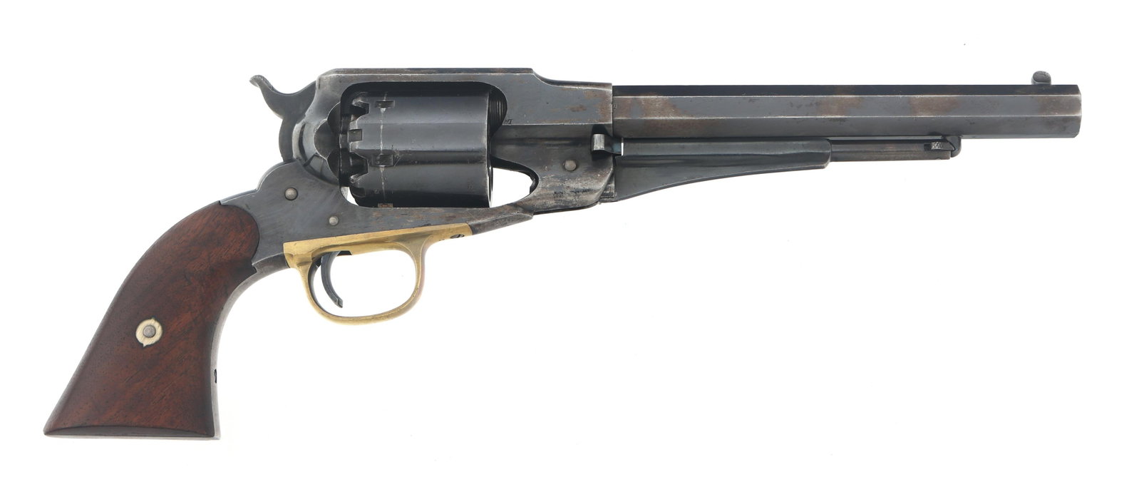 REMINGTON NEW MODEL ARMY PERCUSSION REVOLVER: REMINGTON NEW MODEL ARMY PERCUSSION REVOLVER Remington New Model Army .44 caliber single action percussion revolver. Benjamin Hannis' BH inspector cartouche on left grip. L sub inspector stamp on barr