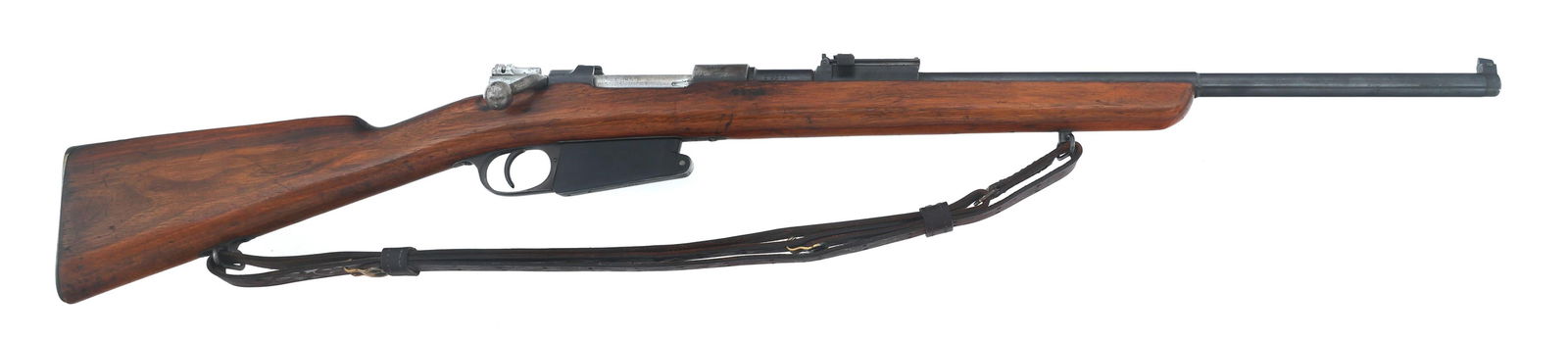 SPORTERIZED ARGENTINE LOEWE MODEL 1891 RIFLE: SPORTERIZED ARGENTINE LOEWE MODEL 1891 RIFLE Sporterized Argentine Loewe Model 1891 7.65x53mm caliber bolt action Mauser rifle. Argentine crest ground off. Serial numbers match on barrel, receiver, bo