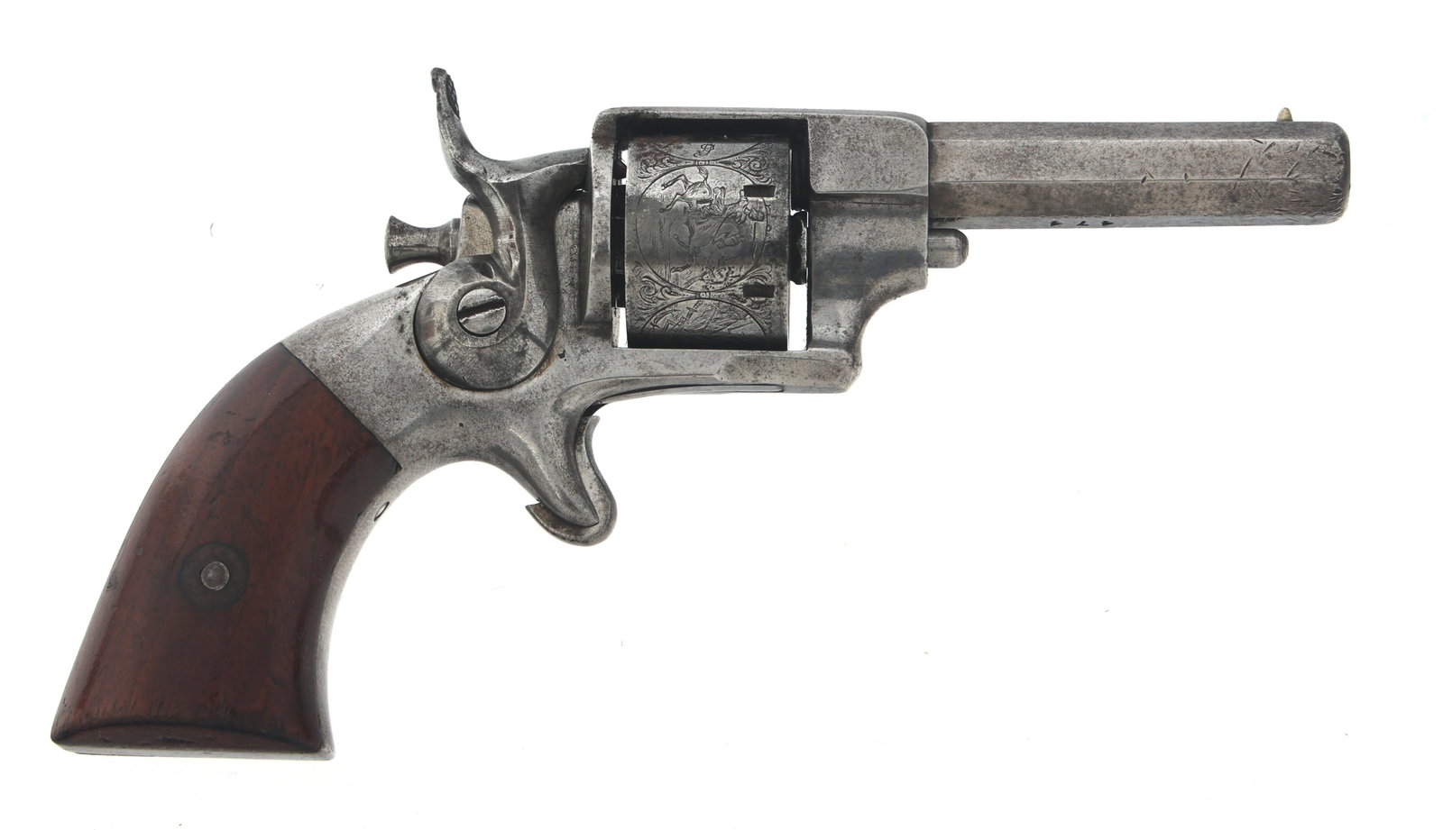 ALLEN & WHEELOCK 22 CALIBER SIDE HAMMER REVOLVER: ALLEN & WHEELOCK 22 CALIBER SIDE HAMMER REVOLVER Allen & Wheelock sidehammer .22 caliber single action. revolver. Serial numbers match on barrel, frame, Cylinder pin, Cylinder and grips. Nickel plated