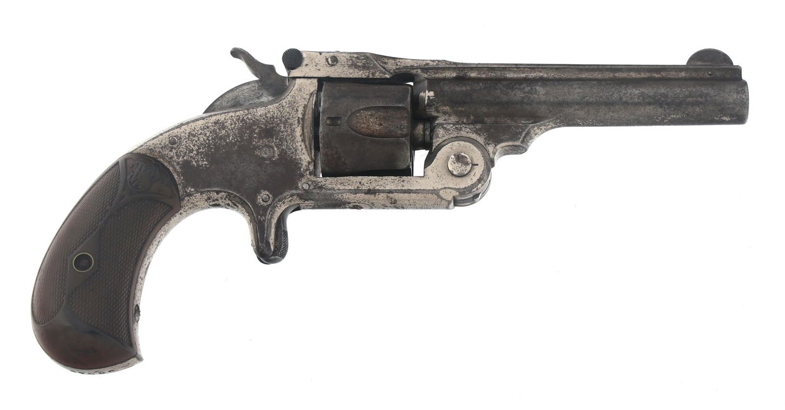 SMITH & WESSON MODEL 32 SINGLE ACTION REVOLVER: SMITH & WESSON MODEL 32 SINGLE ACTION REVOLVER Smith & Wesson Model 32 Single Action .32 caliber top break revolver. Nickel plated. Checkered hard rubber S&W grips. Fixed sights. Five shot fluted cyli