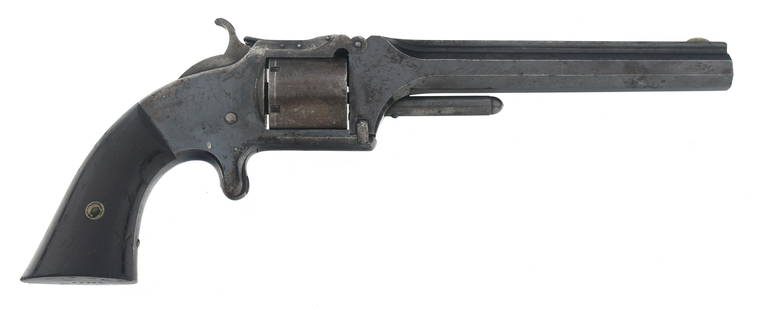 SMITH & WESSON No 2 OLD ARMY .32 CALIBER REVOLVER: SMITH & WESSON No 2 OLD ARMY .32 CALIBER REVOLVER Smith & Wesson No 2 Old Army .32 caliber single action tip up revolver. Blued finish. G S Friday electropened on right barrel flat. Wood grips. Fixed