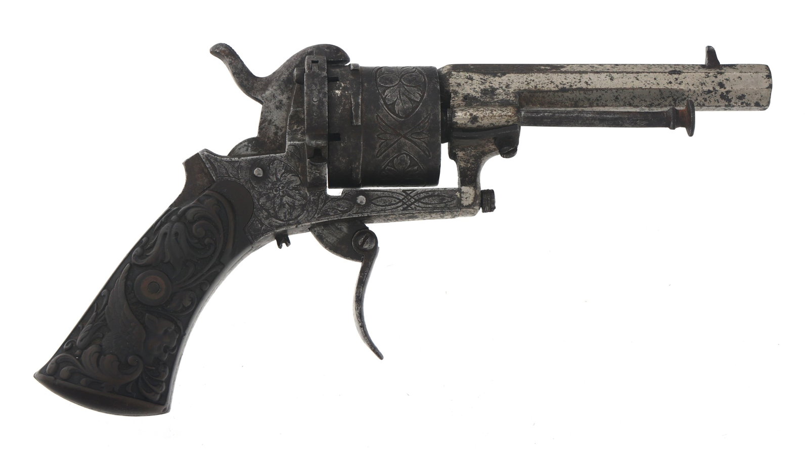 BELGIAN PIN FIRE 7.65mm FOLDING TRIGGER REVOLVER: BELGIAN PIN FIRE 7.65mm FOLDING TRIGGER REVOLVER Belgian pin fire 7.65mm caliber folding trigger revolver. Engraved. Nickel plated. Octagonal barrel. Composite grips. Caliber / Gauge: 7.65mm Barrel Le