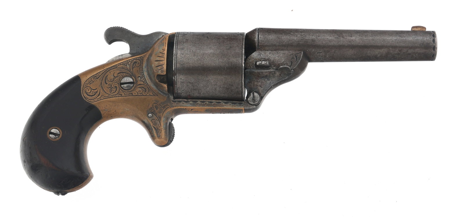 MOORE'S PATENT .32 CALIBER TEAT FIRE REVOLVER: MOORE'S PATENT .32 CALIBER TEAT FIRE REVOLVER Moore's Patent teat-fire, front loading .32 caliber revolver. Cylinder marked Williamson's Patent January 1st, 1864. Engraved scrollwork on frame. Wood gr