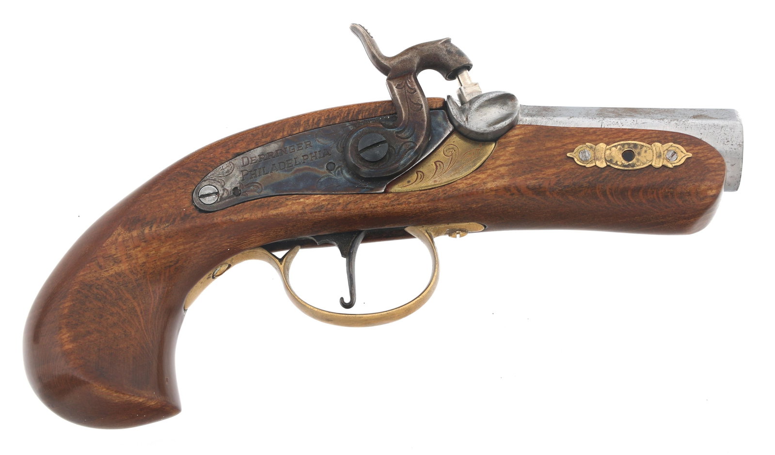 DERRINGER PHILADELPHIA .45 PERCUSSION KIT PISTOL: DERRINGER PHILADELPHIA .45 PERCUSSION KIT PISTOL Derringer Philadelphia .45 caliber percussion kit pistol. Case hardened engraved side plate. Stainless steel barrel. Brass trigger guard. Barrel stampe