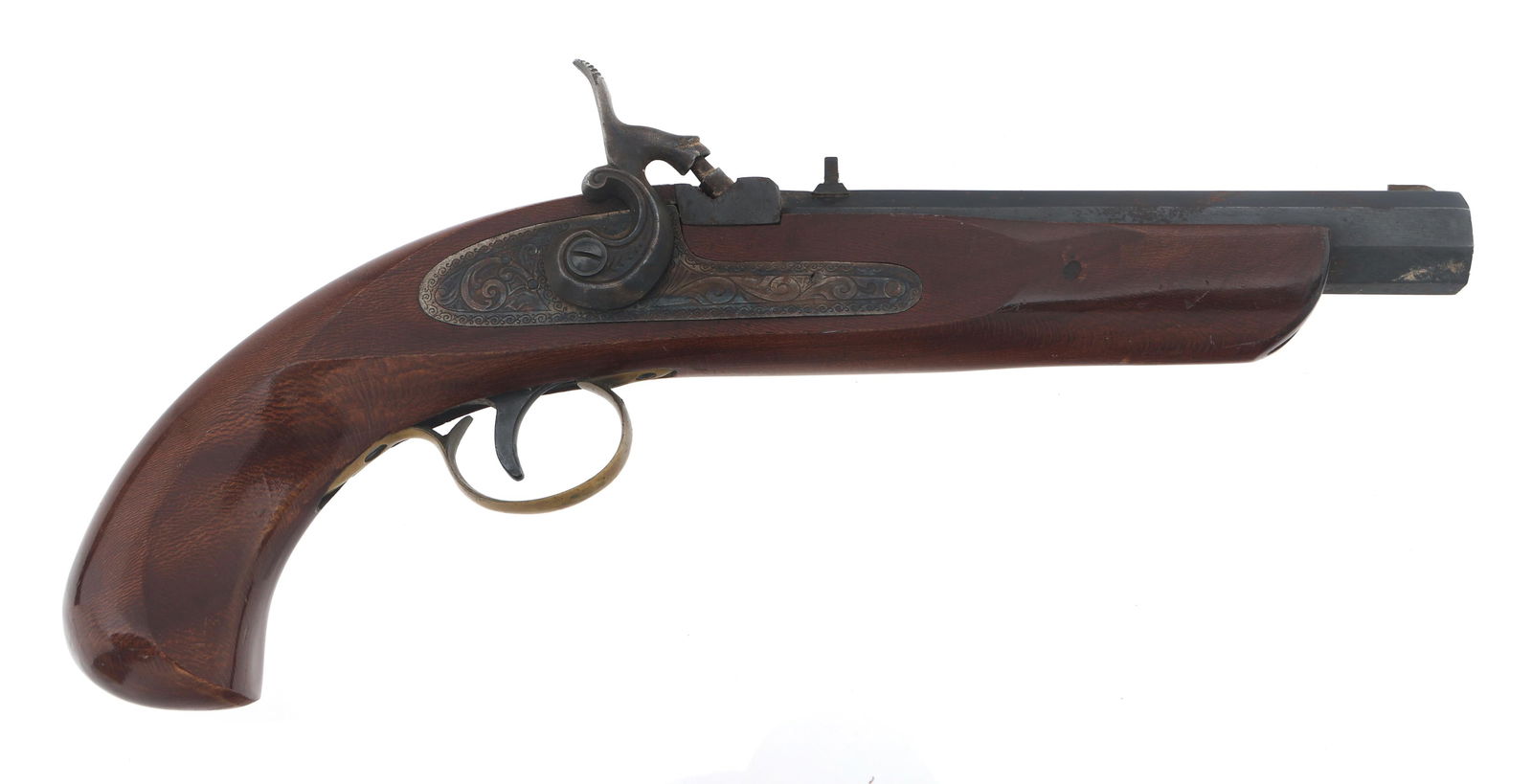 SPANISH JUKAR .45 CALIBER PERCUSSION PISTOL: SPANISH JUKAR .45 CALIBER PERCUSSION PISTOL Spanish Jukar .45 caliber percussion pistol. Barrel stamped Spain. Octagonal barrel with 6-groove rifling. Floral engraving on right side plate. Notch rear