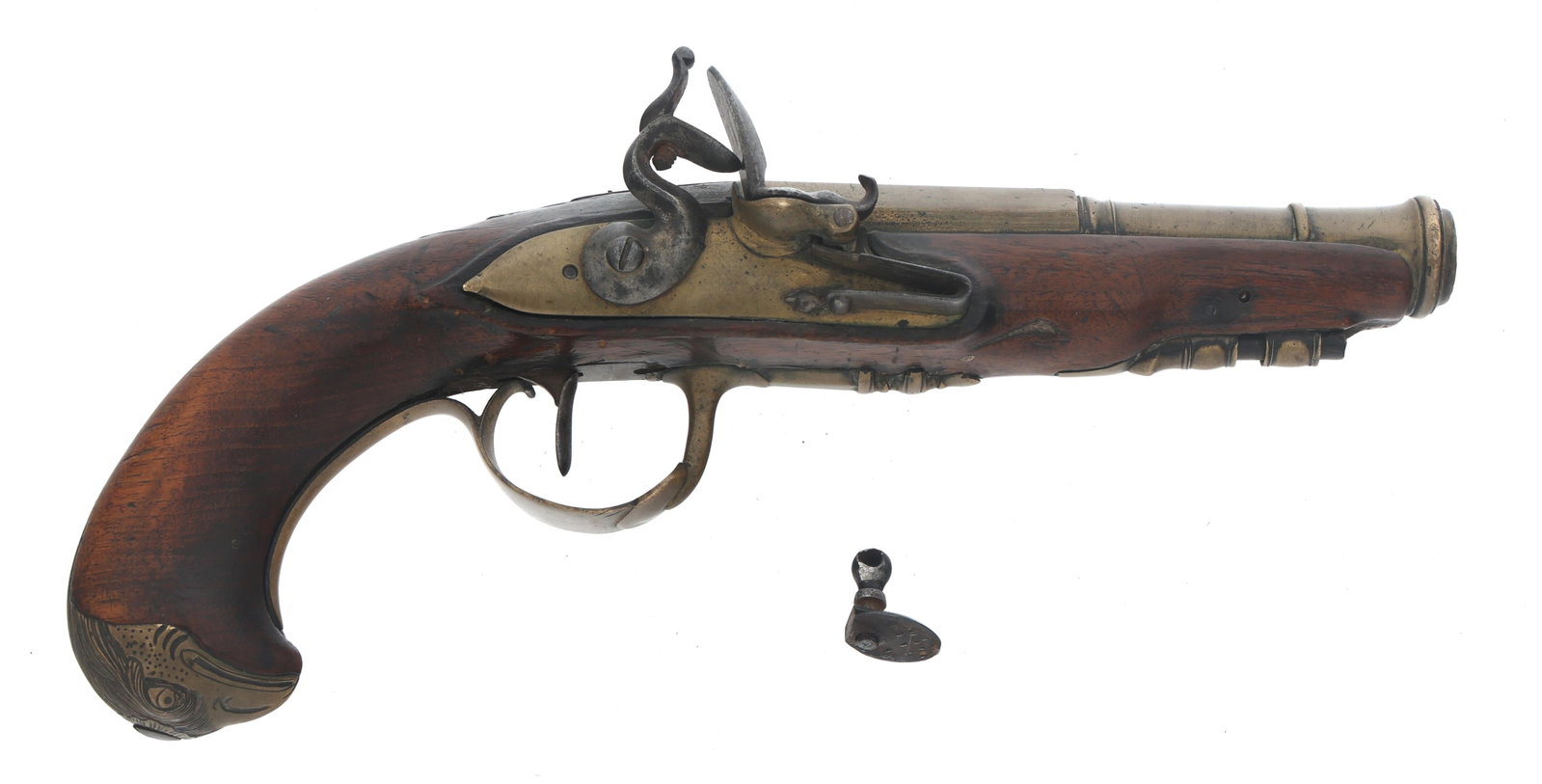 BRASS .54 CALIBER FLINTLOCK PISTOL: BRASS .54 CALIBER FLINTLOCK PISTOL Brass .54 caliber flintlock pistol. Brass barrel, lock plate, trigger guard, and eagle hilt. Wood stock. Caliber / Gauge: 54 Barrel Length: 5.25" Serial Number: NSN 
