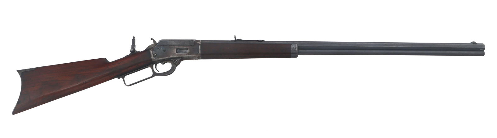 MARLIN MODEL 1889 .32 CALIBER LEVER ACTION RIFLE: MARLIN MODEL 1889 .32 CALIBER LEVER ACTION RIFLE Marlin Model 1889 .32 caliber lever action rifle. Blued finish. Adjustable rear sight. Octagonal barrel. Adjustable rear tang sight. Metal butt plate.