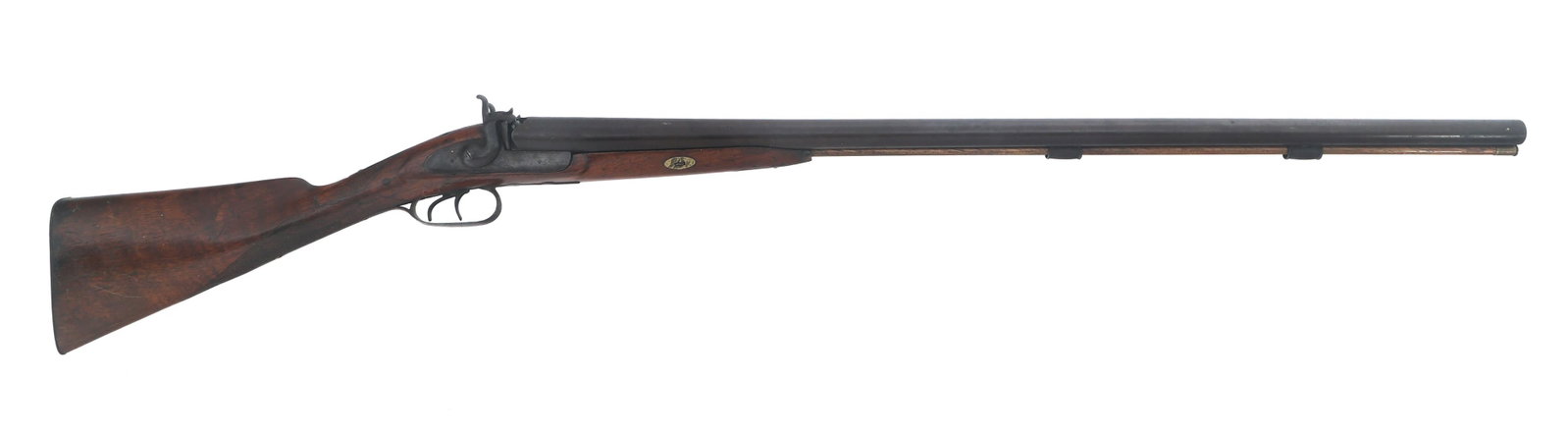 JHM 10 GAUGE SIDE BY SIDE PERCUSSION SHOTGUN: JHM 10 GAUGE SIDE BY SIDE PERCUSSION SHOTGUN JHM 10 gauge side by side percussion shotgun. JHM stamped on bottom of barrels. Barrel rib stamped Fine Twist. Ram rod. Checkered wood stock. Caliber / Gau