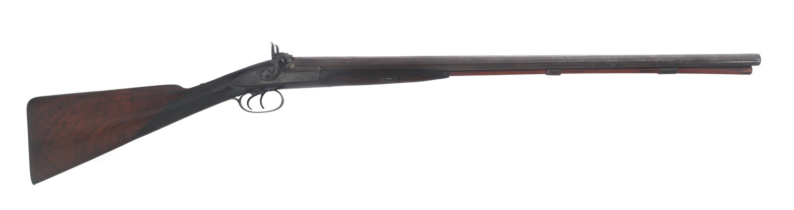 DART & WATKINSON 12 GAUGE SXS PERCUSSION SHOTGUN: DART & WATKINSON 12 GAUGE SXS PERCUSSION SHOTGUN British Dart & Watkinson 12 gauge side by side percussion shotgun. Side plate engraved Dart & Watkinson. Barrel rib stamped New Orleans & Strand London