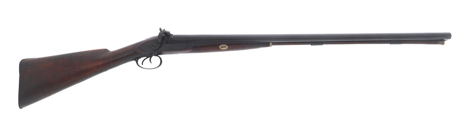 DOUBLE BARREL PERCUSSION 12 GAUGE SHOTGUN: DOUBLE BARREL PERCUSSION 12 GAUGE SHOTGUN Double Barrel percussion 12 gauge shotgun. Williams Temple Barr London stamped on rib. Birmingham proof mark on bottom of barrel. Scroll engraved side plates.