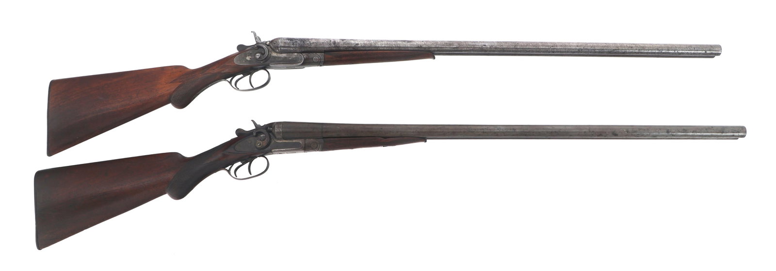 NATIONAL & ECLIPSE 12 GAUGE HAMMER SHOTGUNS: NATIONAL & ECLIPSE 12 GAUGE HAMMER SHOTGUNS Two side by side 12 gauge hammer shotguns. A) National Arms Co. side by side 12 gauge. Laminated Steel barrels. Belgian proof marks. Bead sight. Wood stock.