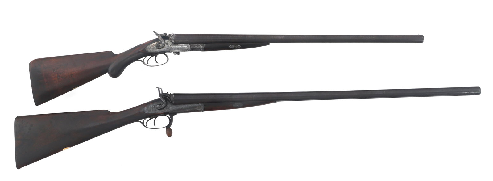 E JAMES & CO AND REILLY & CO 12 GAUGE SXS SHOTGUNS: E JAMES & CO AND REILLY & CO 12 GAUGE SXS SHOTGUNS Two Side by side 12 gauge hammer shotguns. A) E. James & Co. 12 gauge shotgun. Serial numbers match on both barrels, handguard, and receiver. Barrel 